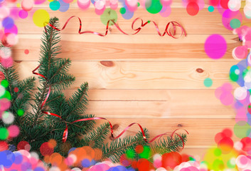 Christmas and new year border made of fir branches and ribbon. Flat lay, top view.