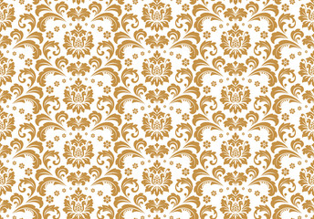 Wallpaper in the style of Baroque. Seamless vector background. White and gold floral ornament. Graphic pattern for fabric, wallpaper, packaging. Ornate Damask flower ornament