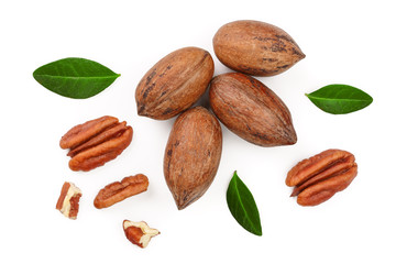pecan nut decorated with green leaves isolated on white background. Top view. Flat lay
