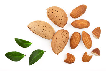 almonds with leaves isolated on white background. Flat lay pattern. Top view