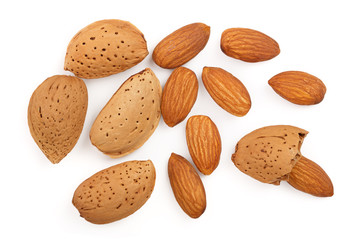 almonds isolated on white background. Top view. Flat lay pattern