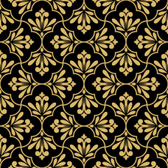 Flower geometric pattern. Seamless vector background. Gold and black ornament. Ornament for fabric, wallpaper, packaging. Decorative print