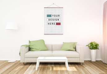 Large Hanging Poster in Living Room Mockup