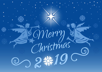 Fototapeta na wymiar Merry Christmas 2019. Christmas greeting card with angels on the background of the winter Christmas sky. Vector illustration