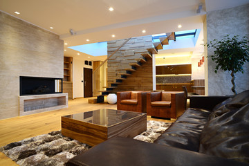 Commodius living room in duplex apartment interior - obrazy, fototapety, plakaty