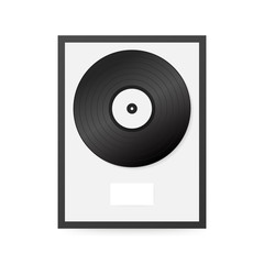 Realistic vinyl in frame on wall. Collection disc, template design element. Vector illustration.