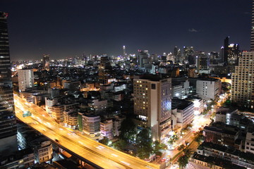 aerial view on Bangkok City at nigt with Thailand, Asia