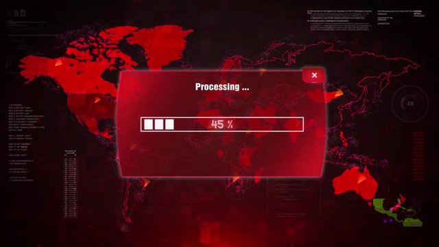 Danger Alert Warning Message Attack on Screen. Wire Frame World map Radar Network Glitch Distortion. Login, Password and Progress Bar Futuristic UI Elements HUD Sci Fi Interface.