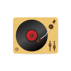 Vinyl record player illustration, flat cartoon retro vintage turntable playing melody. Vector illustration.