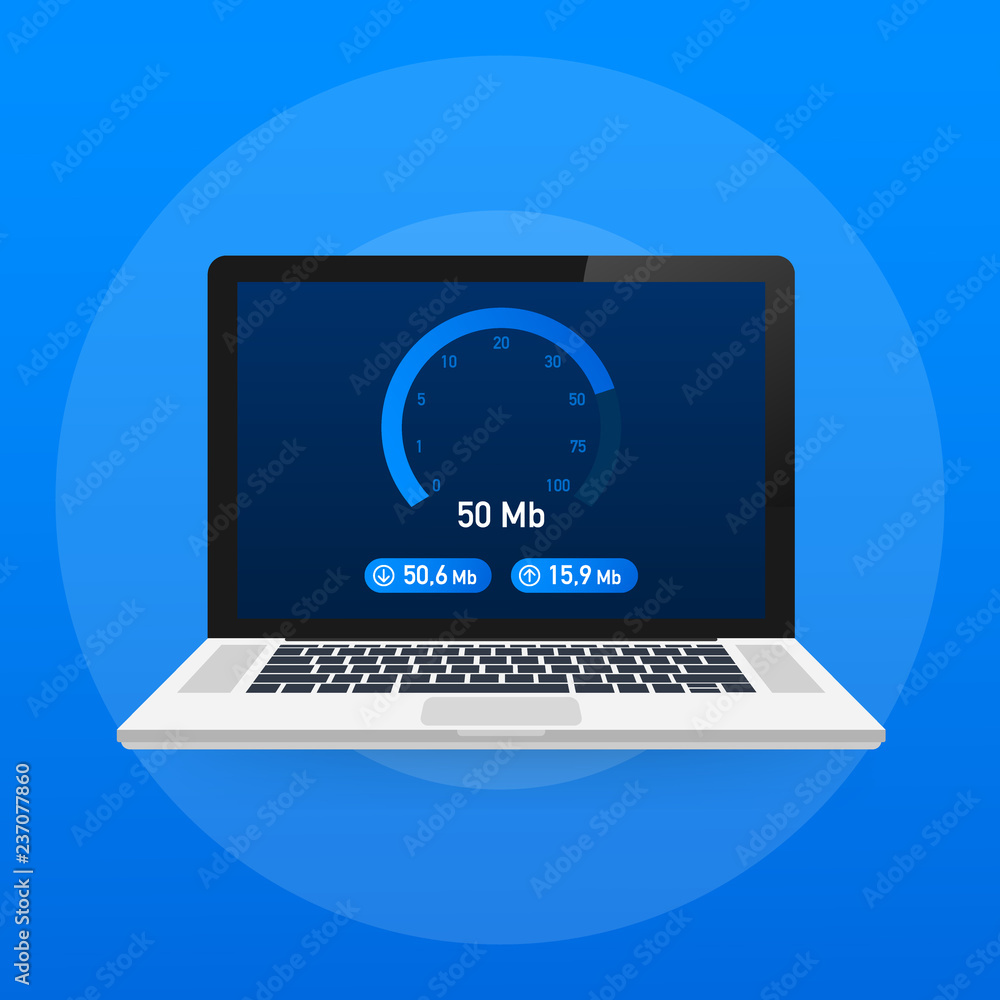 Poster speed test on laptop. speedometer internet speed 100 mb. website speed loading time. vector illustra