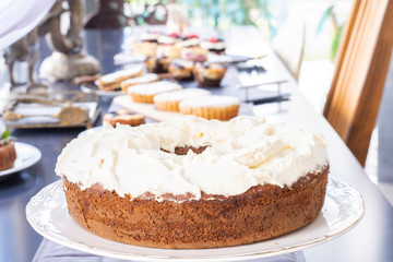 Whipped cream cake with fresh cream topping