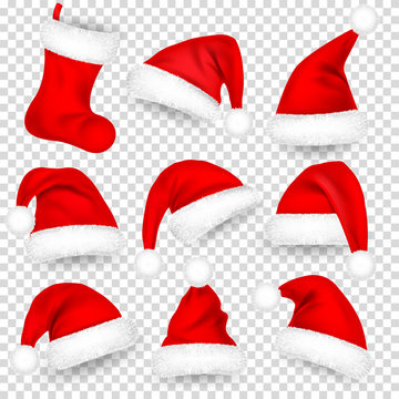 Christmas Santa Claus Hats With Fur Set, Sock. Xmas, New Year Red Hat With Shadow. Winter Cap. Vector illustration.