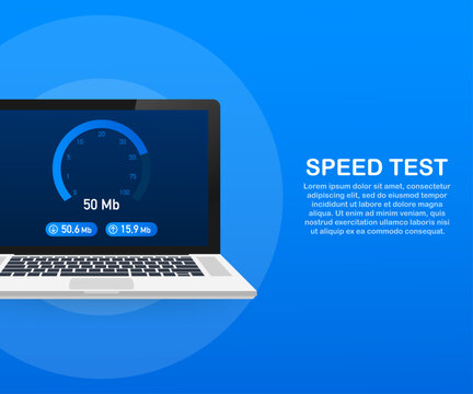Speed test on laptop. Speedometer Internet Speed 100 mb. Website speed loading time. Vector illustration.