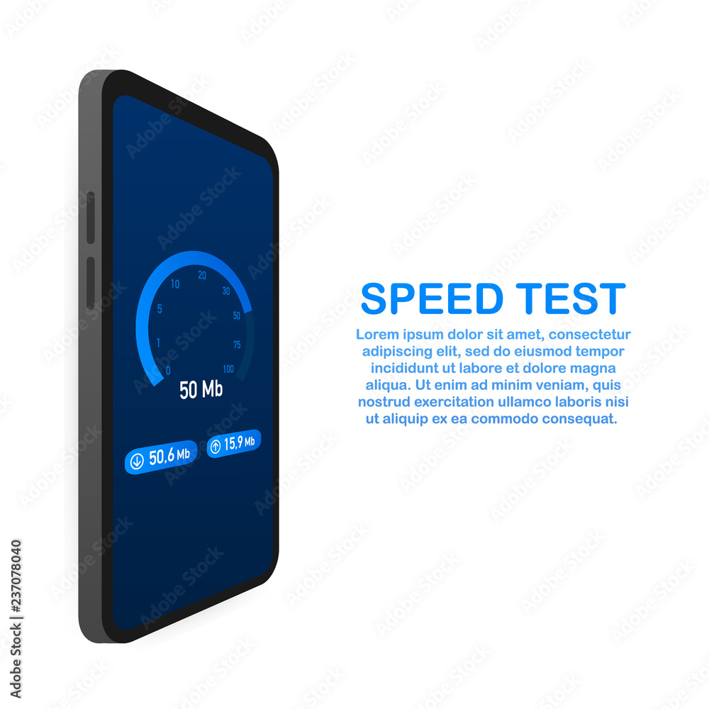Poster speed test on smartphone. speedometer internet speed 100 mb. website speed loading time. vector illu