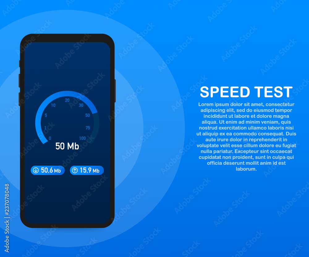 Poster speed test on smartphone. speedometer internet speed 100 mb. website speed loading time. vector illu