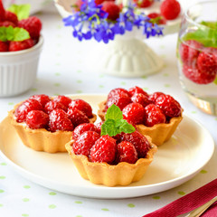 Mini tarts with raspberries fruits