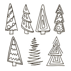 set of christmas trees hand drawn