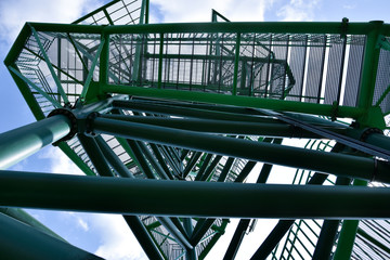 Steel tower construction with stairs. View point in "Natura 2000" nature protection area. Kotowice, Wroclaw.