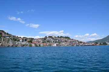 Fototapeta na wymiar Harbor in Ohrid town with city landscape. Ohrid, Macedonia