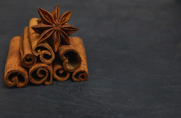 cinnamon sticks and cardamom on a black background horizontal view close-up with copy space for text. fragrant spices.