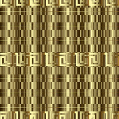 Gold textured 3d greek vector seamless pattern. Geometric checkered ornamental surface background. Ornate greek key meanders ornament. Repeat borders backdrop. Decorative abstract modern golden design