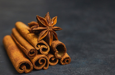 cinnamon sticks and cardamom on a black background horizontal view close-up with copy space for text. fragrant spices.