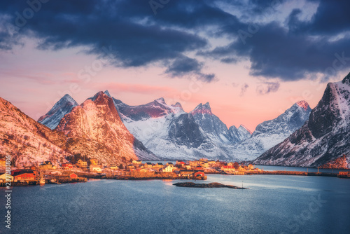 Reine Village And Snow Covered Mountains At Beautiful