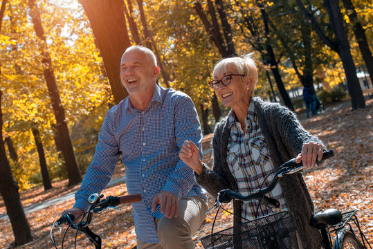 Smiling senior couple riding bikes in autumn park together