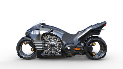 Bike with chrome engine, black futuristic motorcycle isolated on white background, side view, 3D rendering © freestyle_images