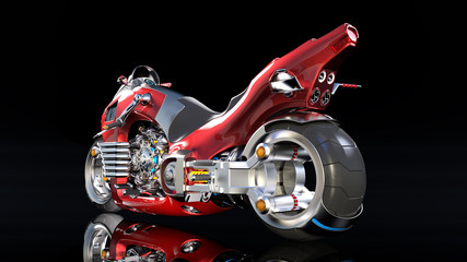 Fototapeta premium Superbike with chrome engine, red futuristic motorcycle isolated on black background, rear view, 3D rendering