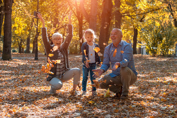 Grandparents and grandchild throwing leaves in park and having fun together - obrazy, fototapety, plakaty