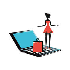 woman silhouette with shopping bag in laptop