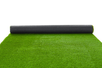 Rolled artificial grass carpet on white background. Exterior element