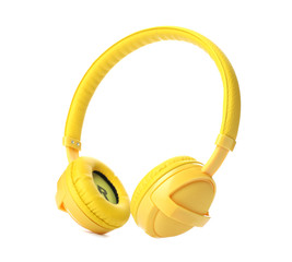 Stylish modern headphones with earmuffs on white background