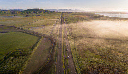 Aerial of fog over highway 37