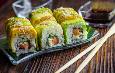 sushi with avocado and salmon