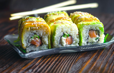 sushi with avocado and salmon