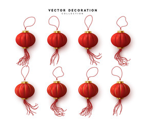 Chinese hanging red lanterns realistic isolated on white background