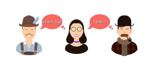 International communication translation concept illustration. tourists or businessmen or politicians from Germany or German speaking countries and England communicate through a girl translator.