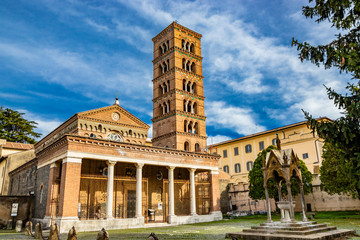 The church, the bell tower, and the liturgical fountain "the Paradise" in the Exarchic Monastery of Saint Mary in Grottaferrata, Greek Abbey of Saint Nilus, the last Byzantine-Greek monastery in Italy