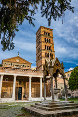The church, the bell tower, and the liturgical fountain "the Paradise" in the Exarchic Monastery of Saint Mary in Grottaferrata, Greek Abbey of Saint Nilus, the last Byzantine-Greek monastery in Italy