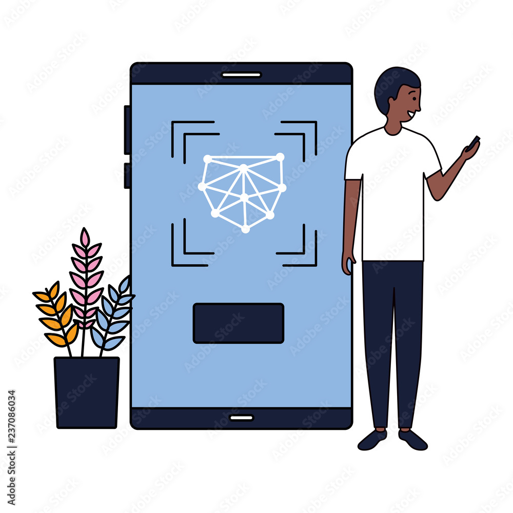 Poster man using mobile biometric face scan