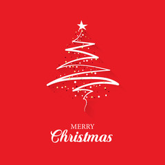 Christmas greeting card concept with the words Merry Christmas with an abstract, modern Christmas tree on a red background