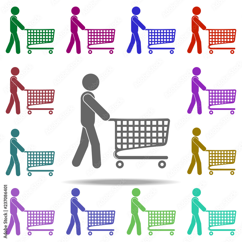 Poster man with a shopping cart icon. elements of shop in multi color style icons. simple icon for websites