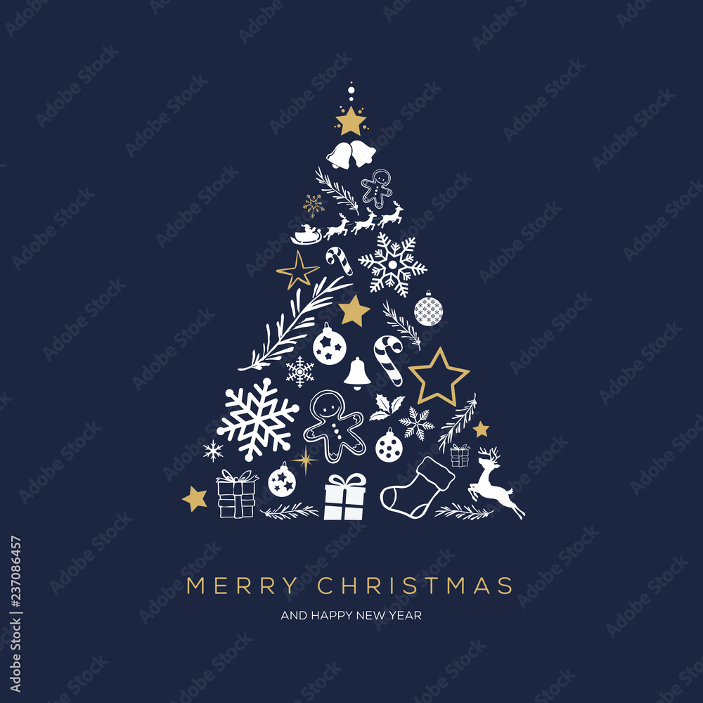 Wall mural greeting card concept with the words merry christmas. abstract christmas tree shape arranged with fe