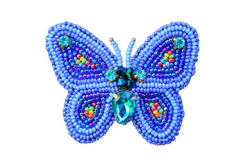 Fototapeta premium Brooch from beads a butterfly. Close-up. Isolated object on white background. Isolate.