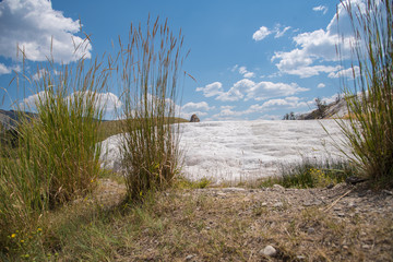 A travertine formation looms beyond clumps of grass in Mammoth Hot Springs, Yellowstone National Park