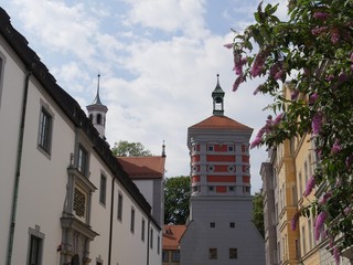 View into the Spitalgasse in Augsburg with the historic building of the church Sankt Margareth, a former monastery church of the Dominican nuns. 