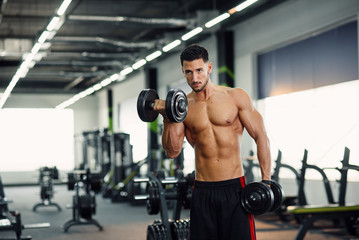 Strong healthy man doing biceps exercises with dumbbells on the training in modern gym.