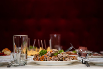 Aspic on the table in restaurant. Also known as jello salads or gelatin salads. Aspic is dish of traditional Ukrainian cuisine